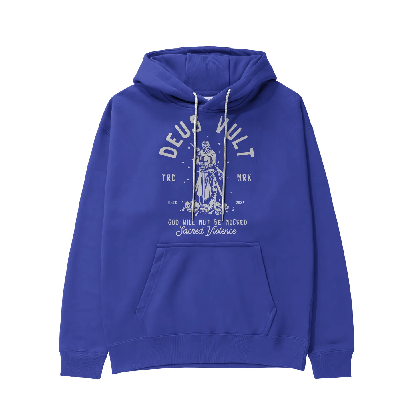 Catholic hoodie for men with crusader knight with m4 rifle and sword saying Deus Vult